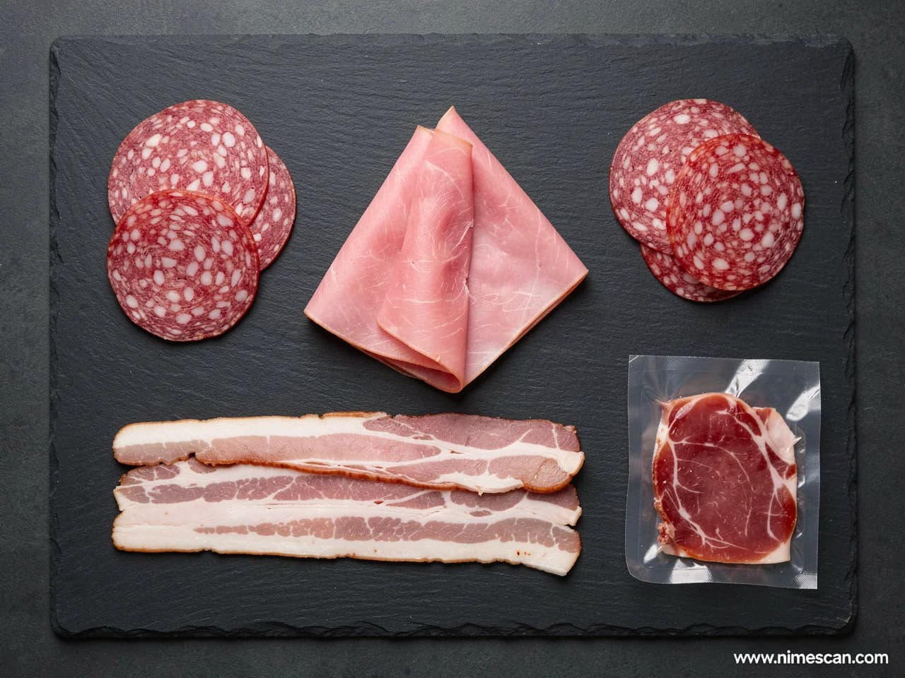 An editorial overhead flat lay of common cured and processed meat products — sliced bacon, salami, deli-style ham and cooked-cured meat slices — arranged on a matte slate board, illustrating the categories affected by Commission Regulation (EU) 2023/2108 that cut permissible nitrite levels from October 2025