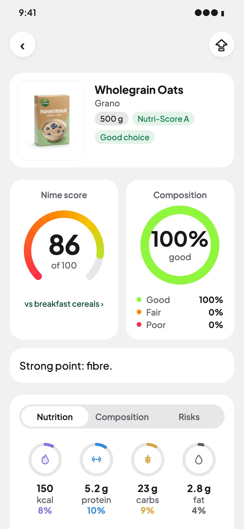 The Nime app showing a scanned hagelslag product with a score of 25 out of 100 and its ingredient breakdown